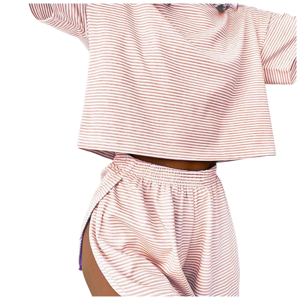 Women's striped pajama set with short sleeve t-shirt and elastic waistband shorts in comfortable fabric.