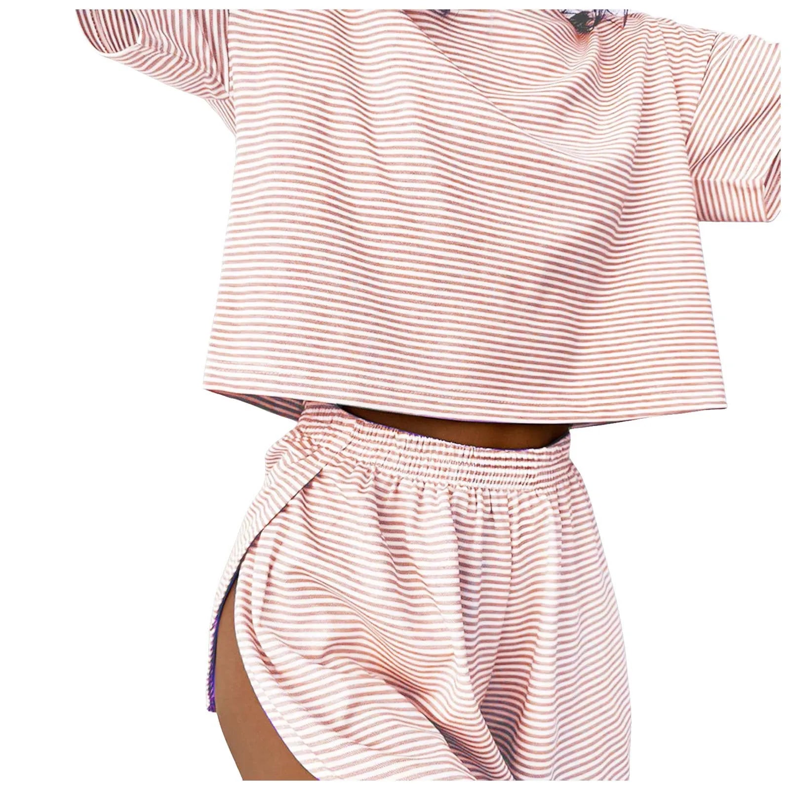 Women's striped pajama set with short sleeve t-shirt and elastic waistband shorts in comfortable fabric.