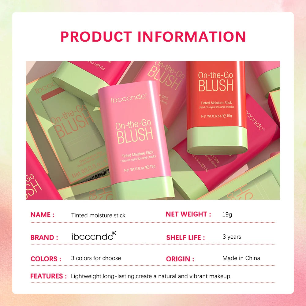 Colorful packaging of On-the-Go Blush by ibccandc, featuring tinted moisturizer sticks in various shades.