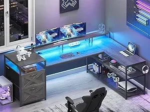 67" L Shaped Desk with Drawers, Computer Office Desk with Storage Shelves & Power Outlet, Reversible Gaming Desks with LED Ligh