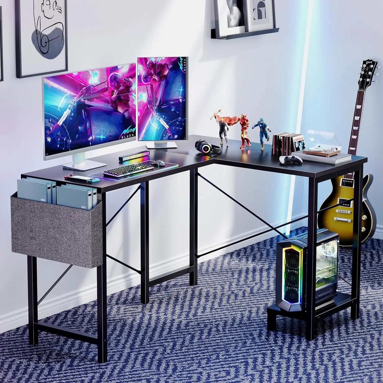 L Shaped Desk. 50-Inch Computer Desk. Corner Gaming Desk. CPU Stand. Home Office. Black.