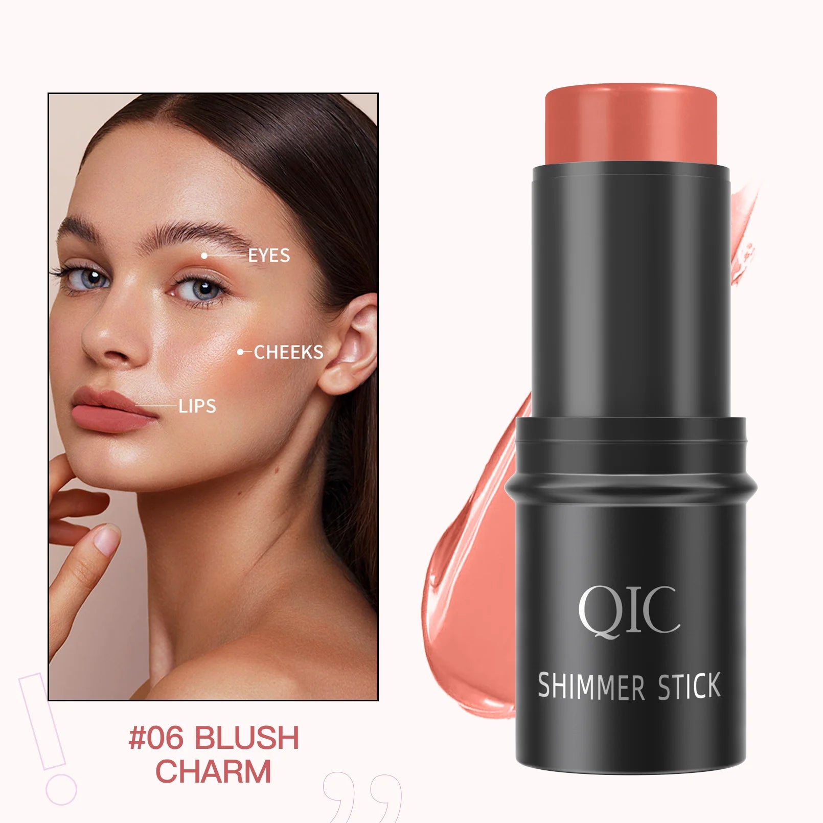Two QIC shimmer stick highlighters with swatches, perfect for adding glow and radiance to makeup looks.