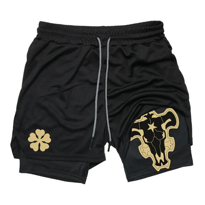Summer New Black Five-leaf Clover Printed Men's and Women's Shorts Double-layer Loose Sports and Casual Pants for Beach Fitness