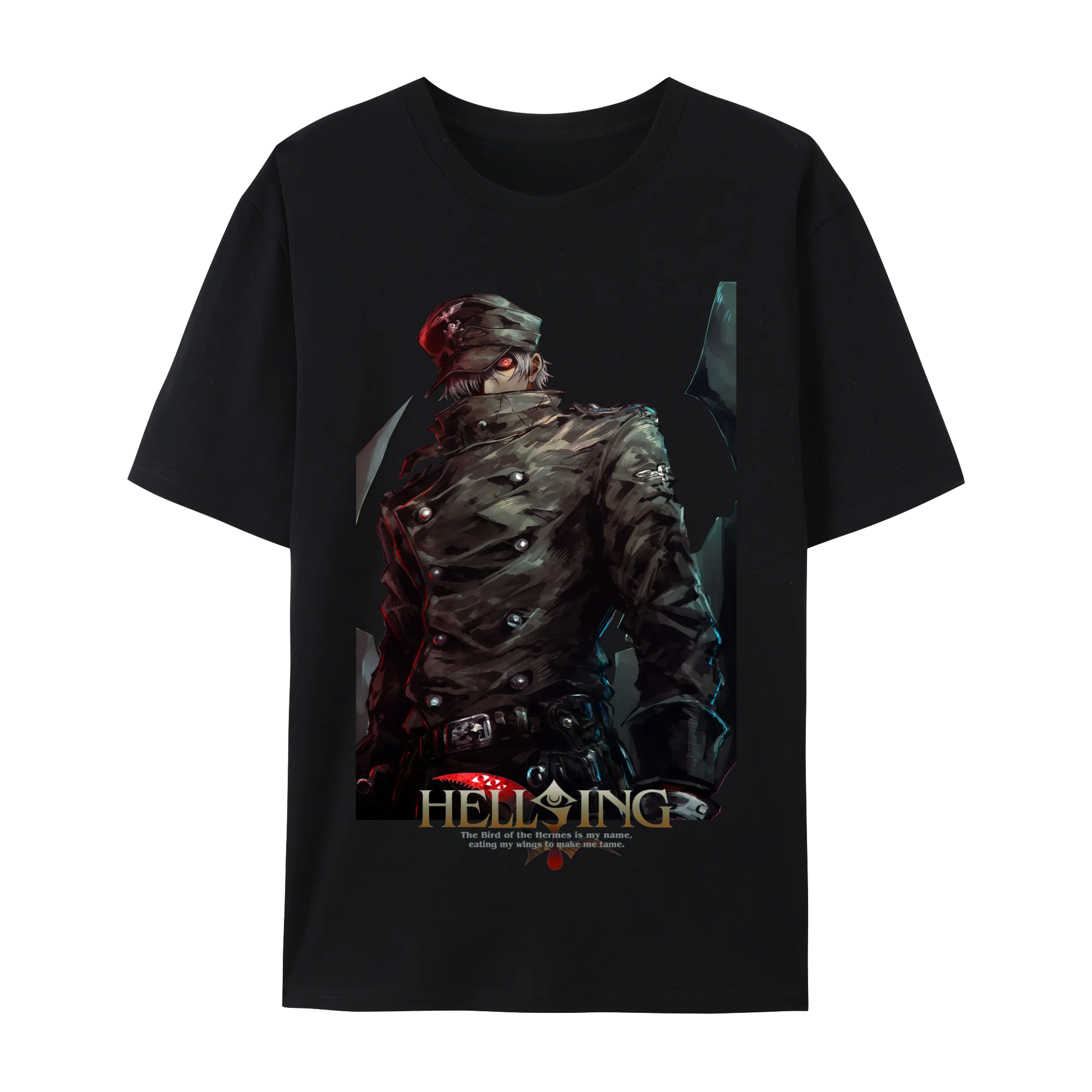 Anime and more Alucard graphic cotton t-shirt featuring Hellsing design on a black background.