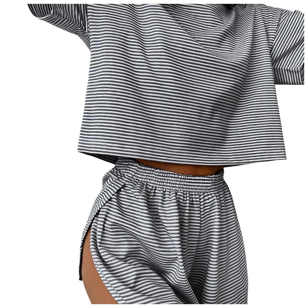 Women's striped pajama set with short sleeve t-shirt and elastic waistband shorts in comfortable fabric.