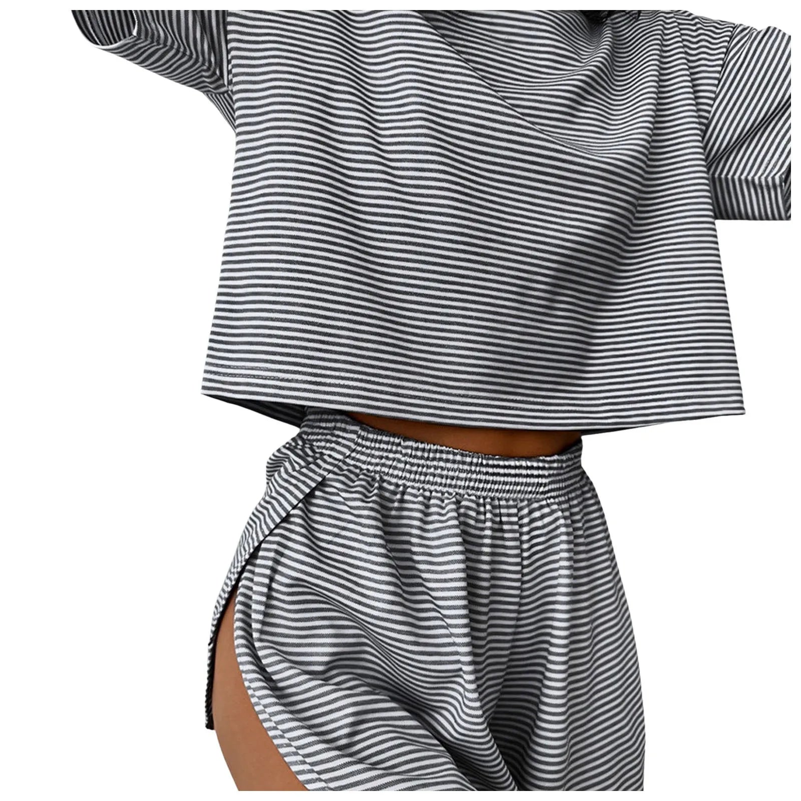 Women's striped pajama set with short sleeve t-shirt and elastic waistband shorts in comfortable fabric.