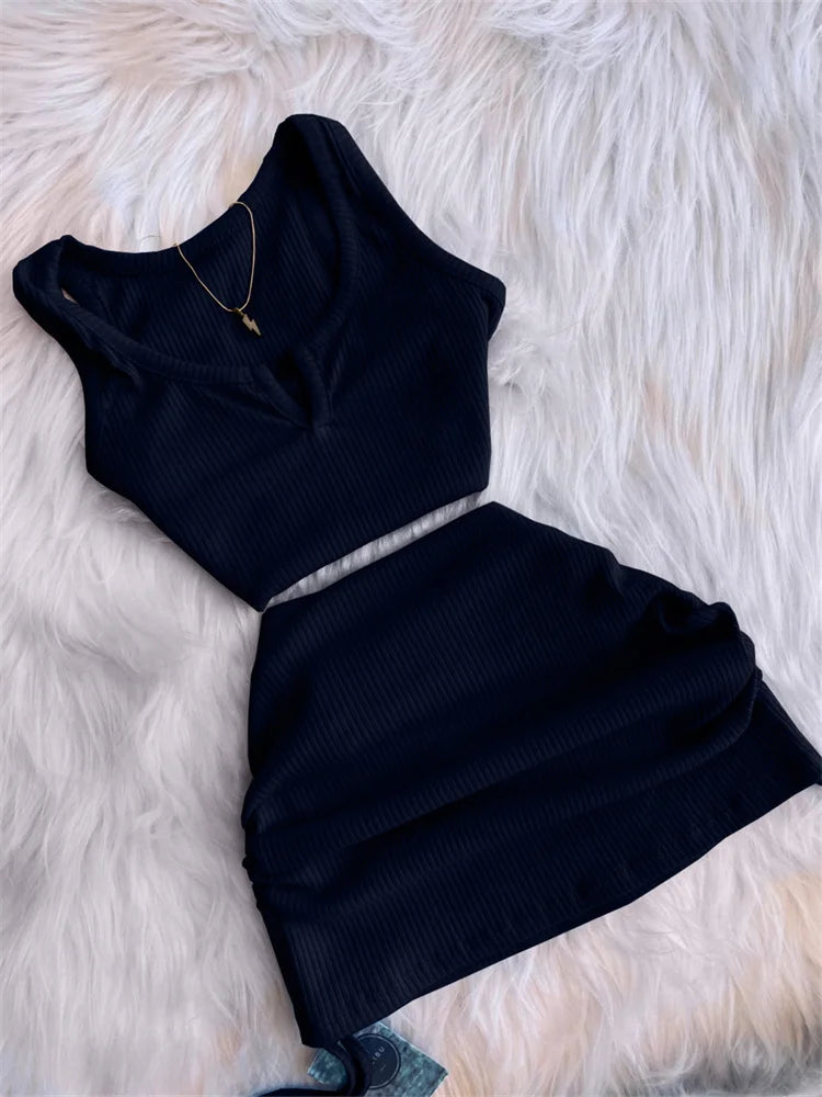 2023 Streetwear Knit 2 Two Piece Dress Sets Skirts Crop Tops Mini Skirt Matching Orange Drawstring Black Skirts Dress Suits