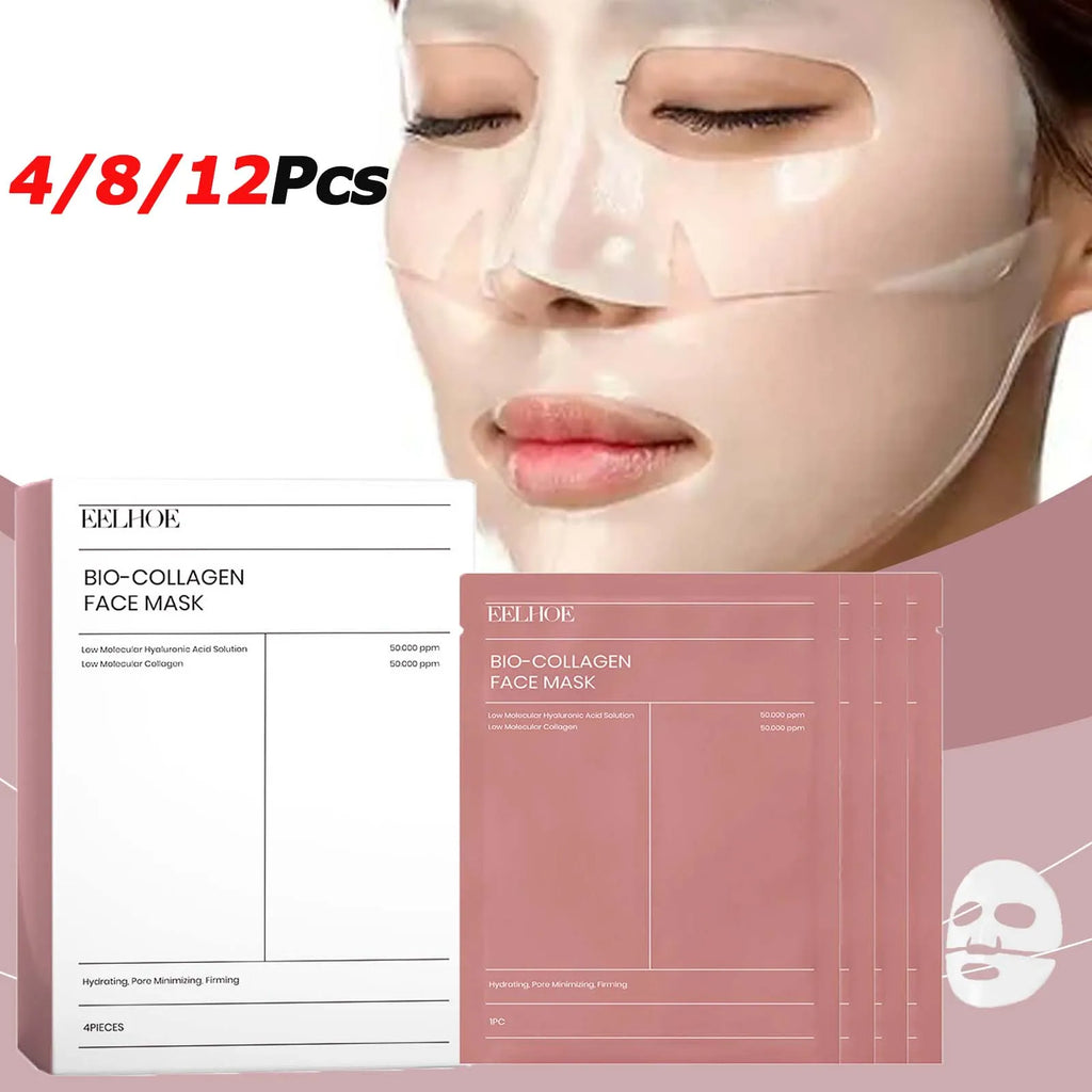 Bio Collagen Face Mask pack with 4, 8, or 12 pieces for anti-aging and skin hydration, featuring a woman using a mask.