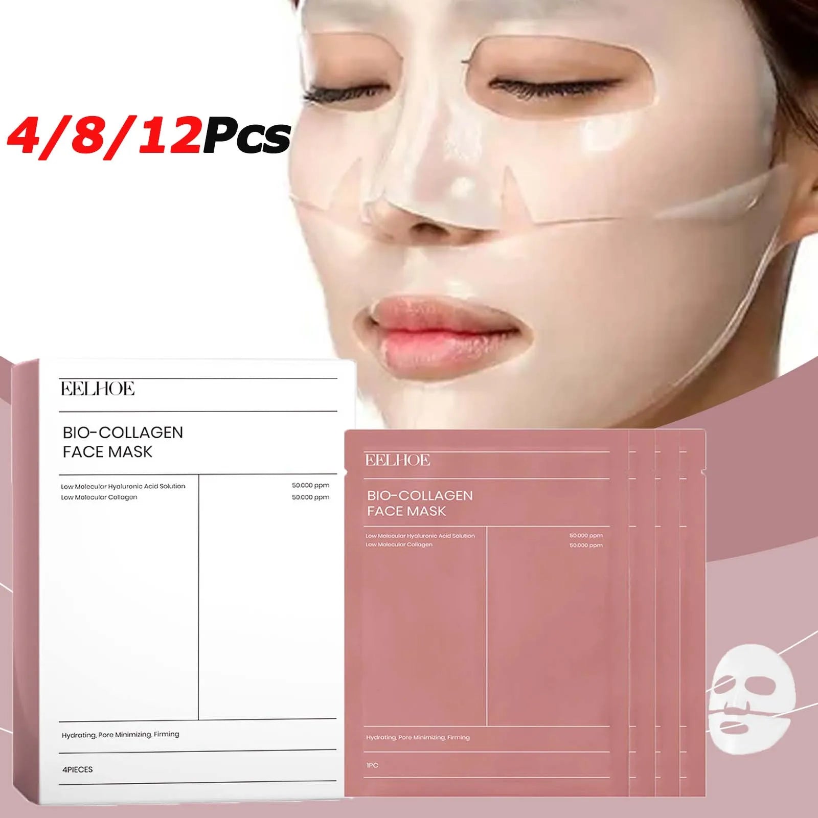 Bio Collagen Face Mask pack with 4, 8, or 12 pieces for anti-aging and skin hydration, featuring a woman using a mask.