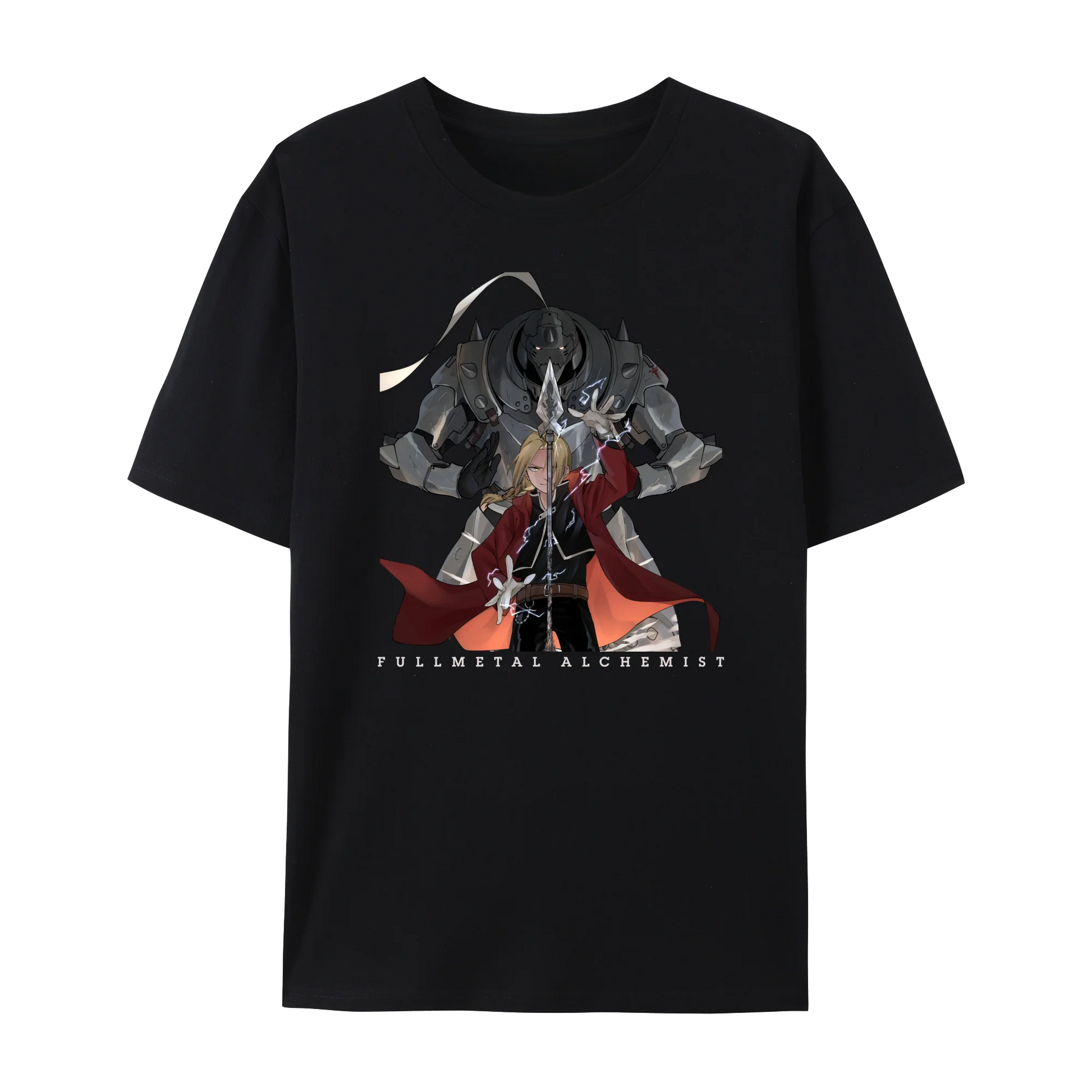 Fullmetal Alchemist graphic cotton t-shirt featuring Edward and Alphonse, unisex short sleeve crewneck design.
