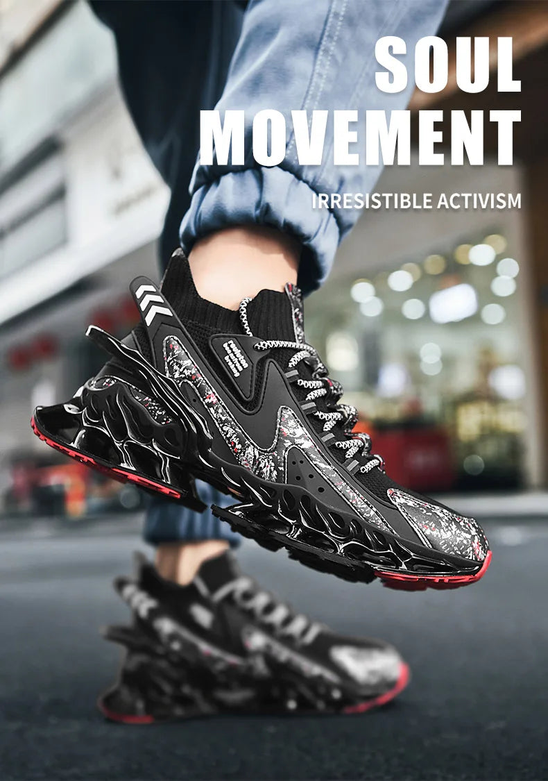 Anime and More men's running shoes with blade design and non-slip features in white and colorful accents.