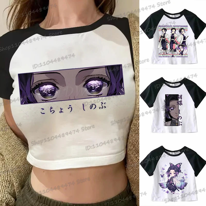 Kochou Shinobu Crop Top Comic Kimetsu No Yaiba 2025 New Cropped T-shirts Fashion Short Sleeve Demon Slayer Anime Tshirts