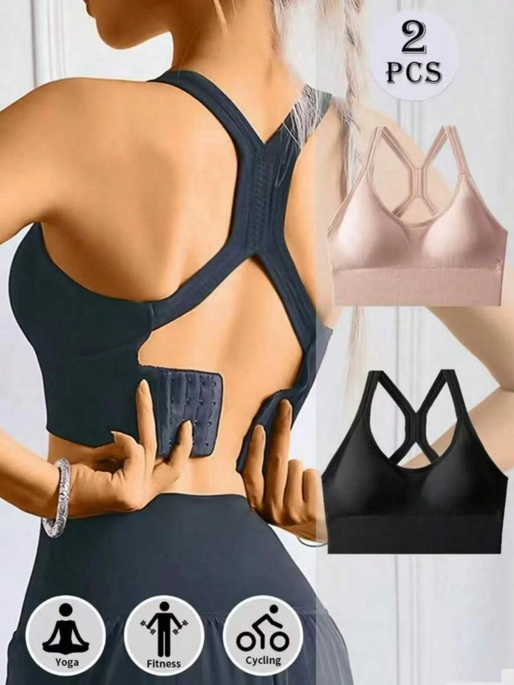Seamless plus size sports bras in black and nude, perfect for yoga, fitness, and cycling, shown from the back.