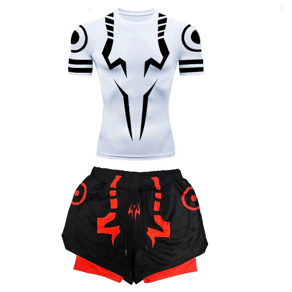 Anime Jujutsu Kaisen Compression Set Fitness Suit for Men Quick Dry 3D Compression Shirt+Gym Shorts Running Workout Sportswear