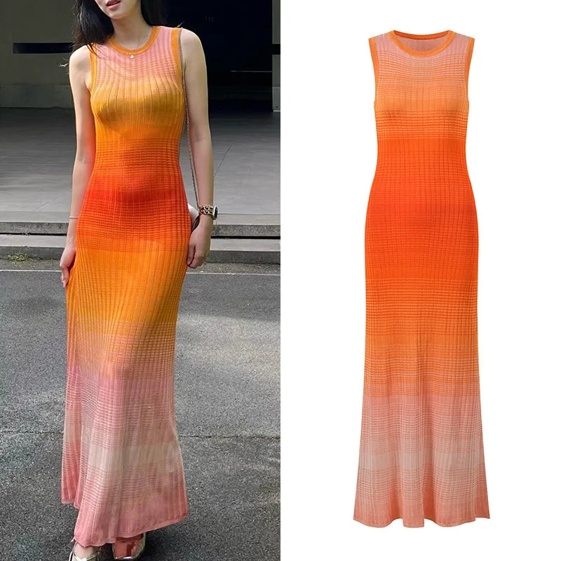 ZJYT New Summer Fashion Gradient Color Long Knitting Dresses for Women Elegant O Neck Sleeveless Vacation Dress Female Vestidos