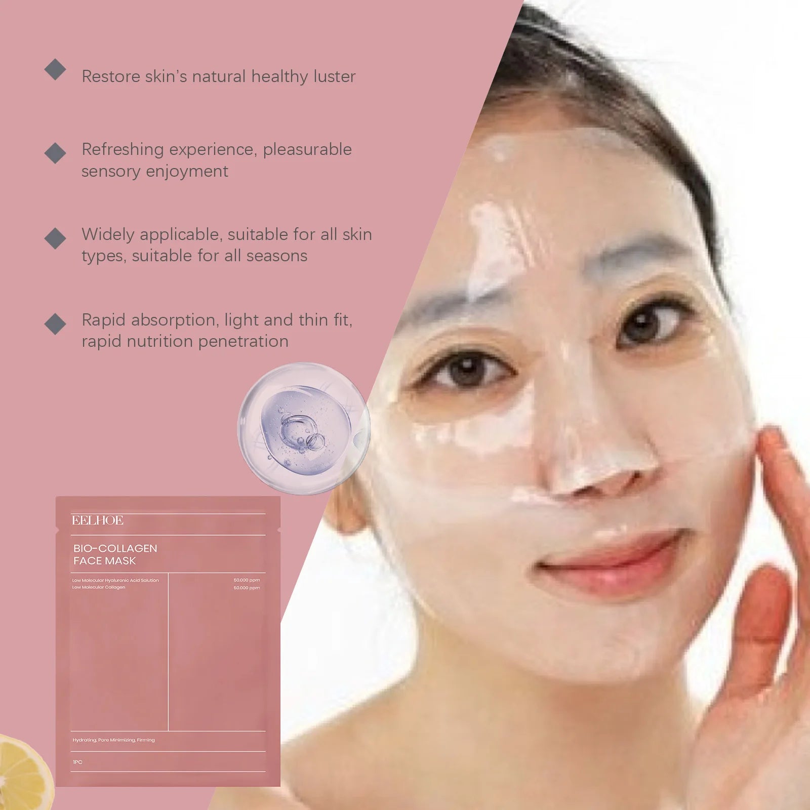 Bio Collagen Face Mask pack with 4, 8, or 12 pieces for anti-aging and skin hydration, featuring a woman using a mask.