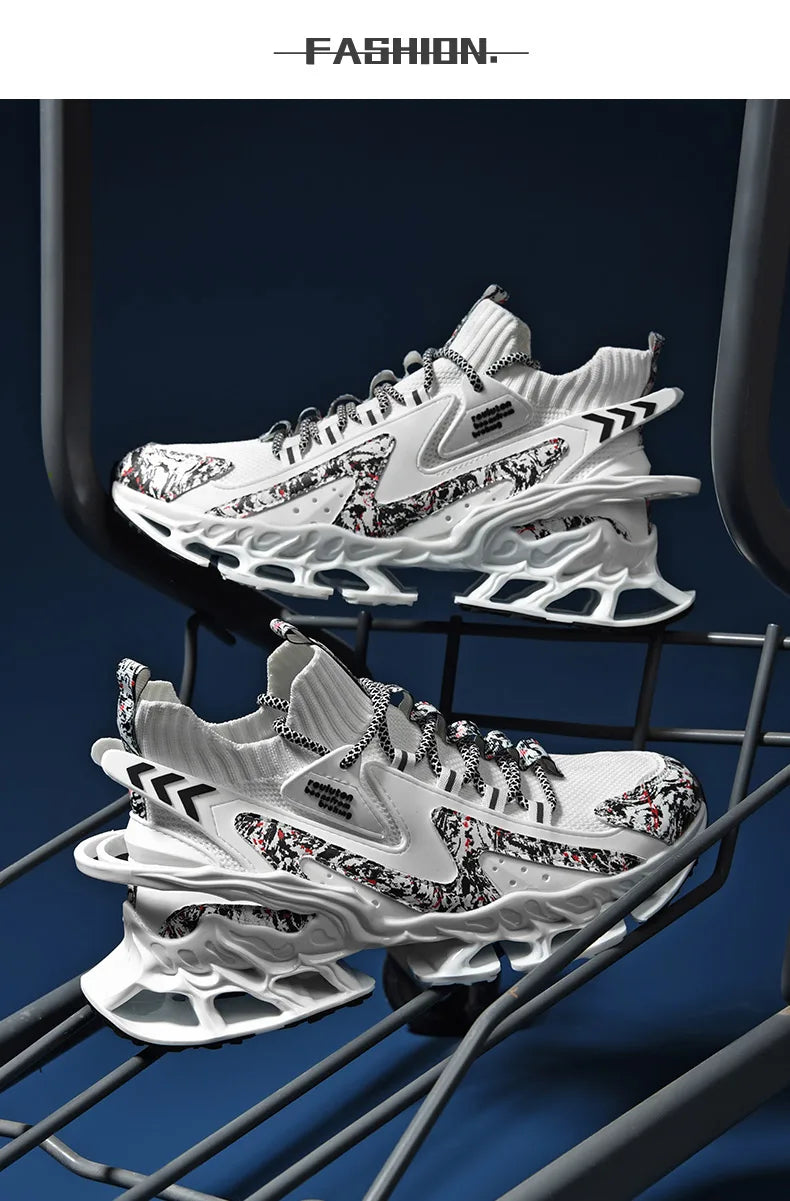 Anime and More men's running shoes with blade design and non-slip features in white and colorful accents.