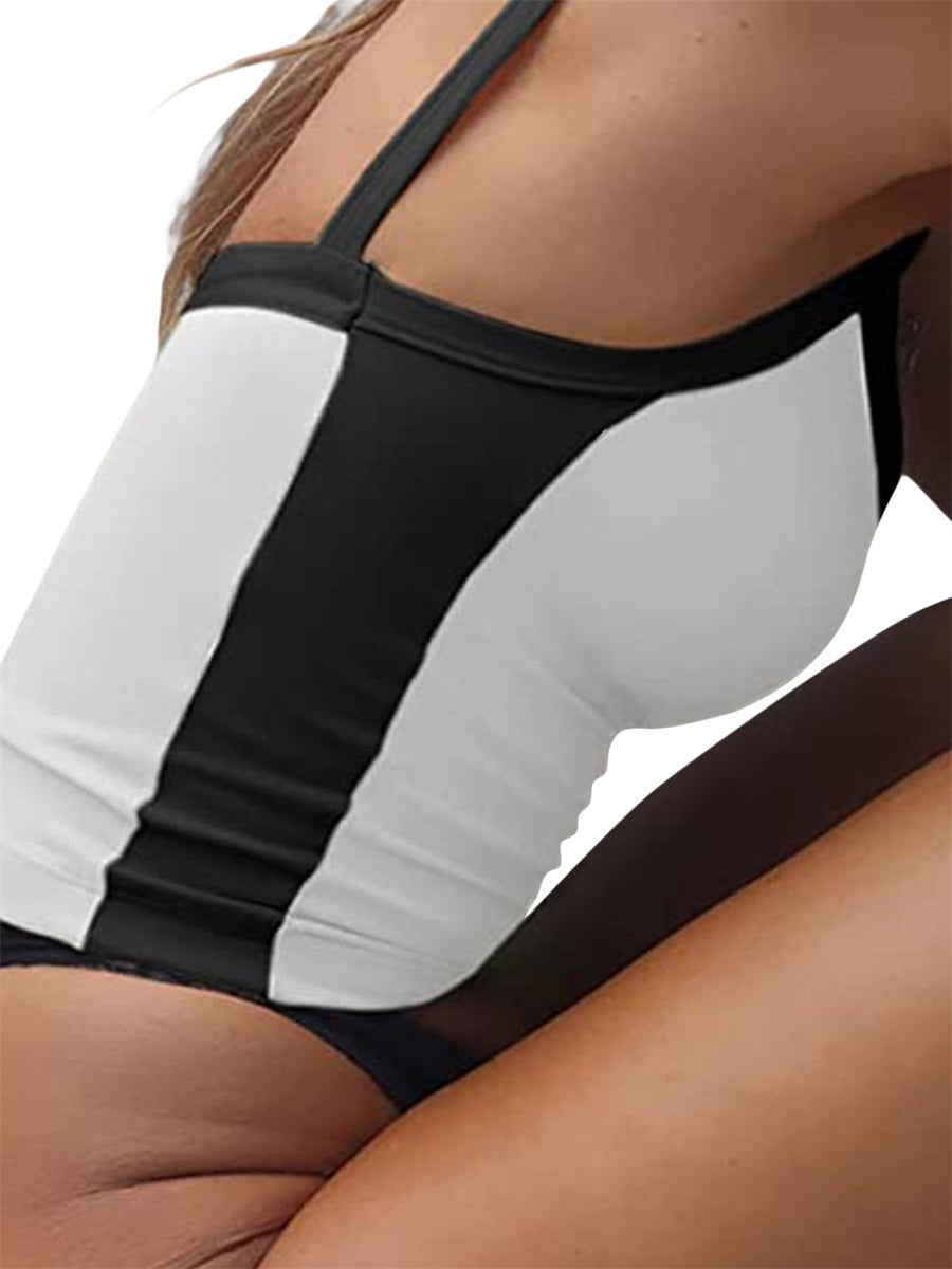 Women Crop Tops Spaghetti Strap Square Neck Contrast Color Slim Fit Camisoles For Women Summer Casual Short Tank Tops