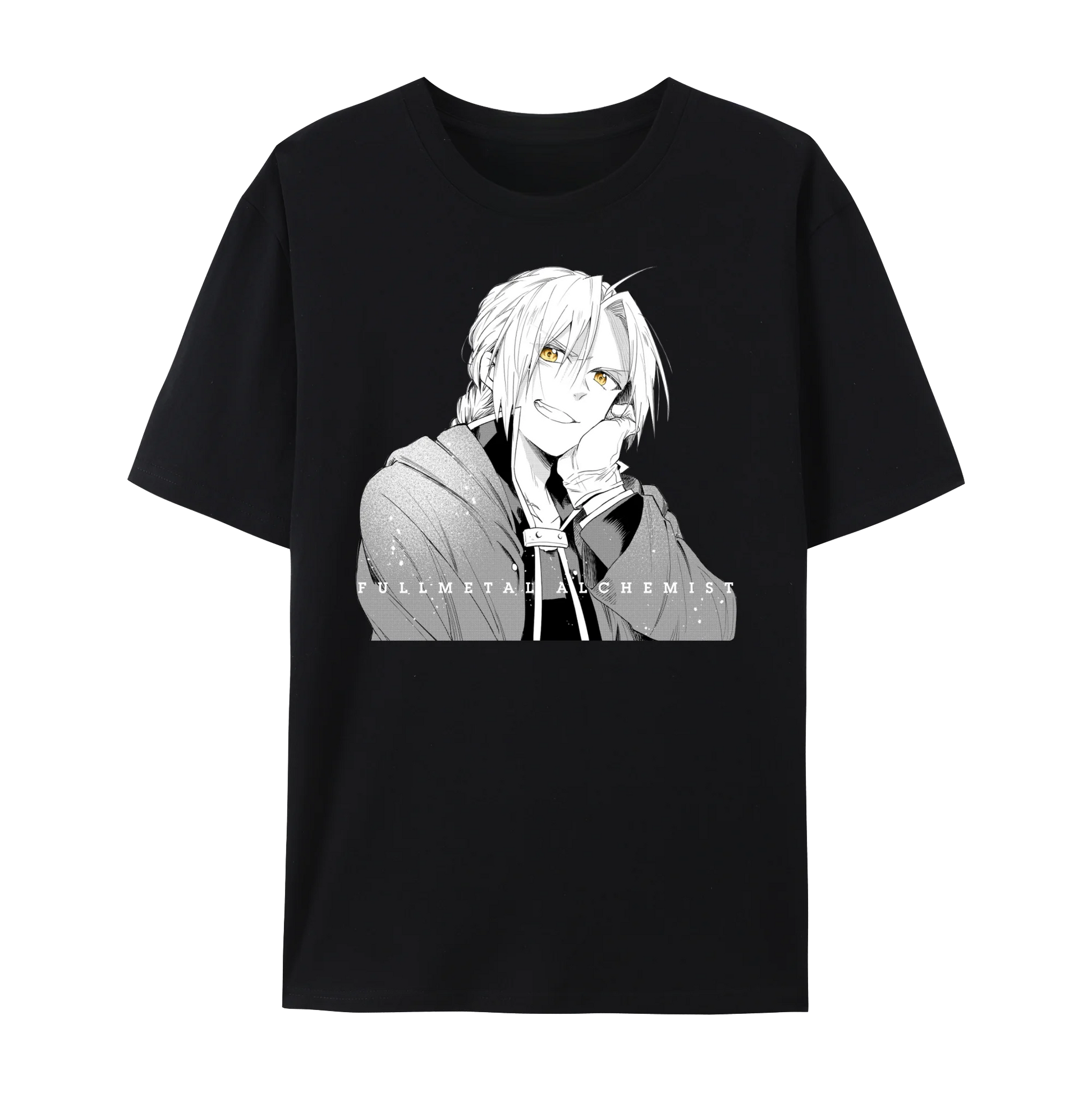 Fullmetal Alchemist Edward graphic cotton t-shirt, black short sleeve unisex anime apparel.