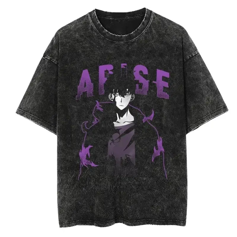 Men's and women's T-shirt plus size Harajuku unisex washed cotton T-shirt Hot Anime Solo Leveling Song Jinyu printed T-shirt