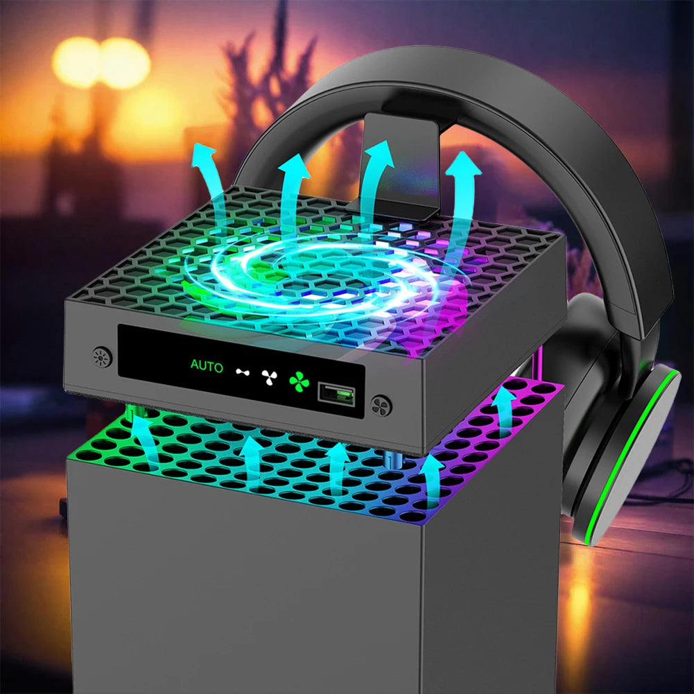 RGB Cooling Fan 3 Level Adjustable Speed Temperature-Controlled Cooling Fan System with Headset Holder for Xbox Series X