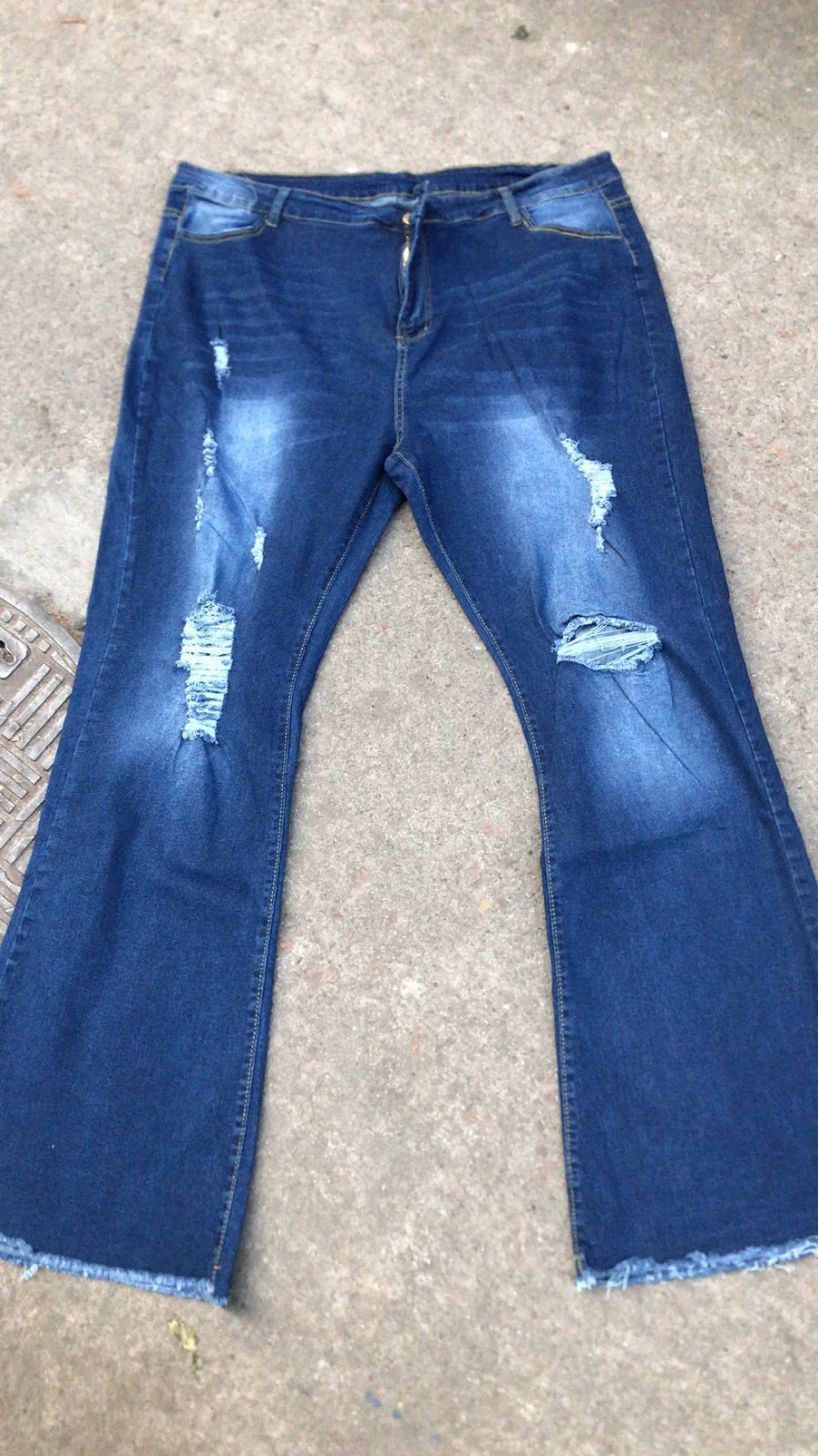 Denim Flare Pants Women Hole Jeans Boot Cut High Waist Stretch Pockets Distressed Washed Streetwear 2025 Floor Length Trousers