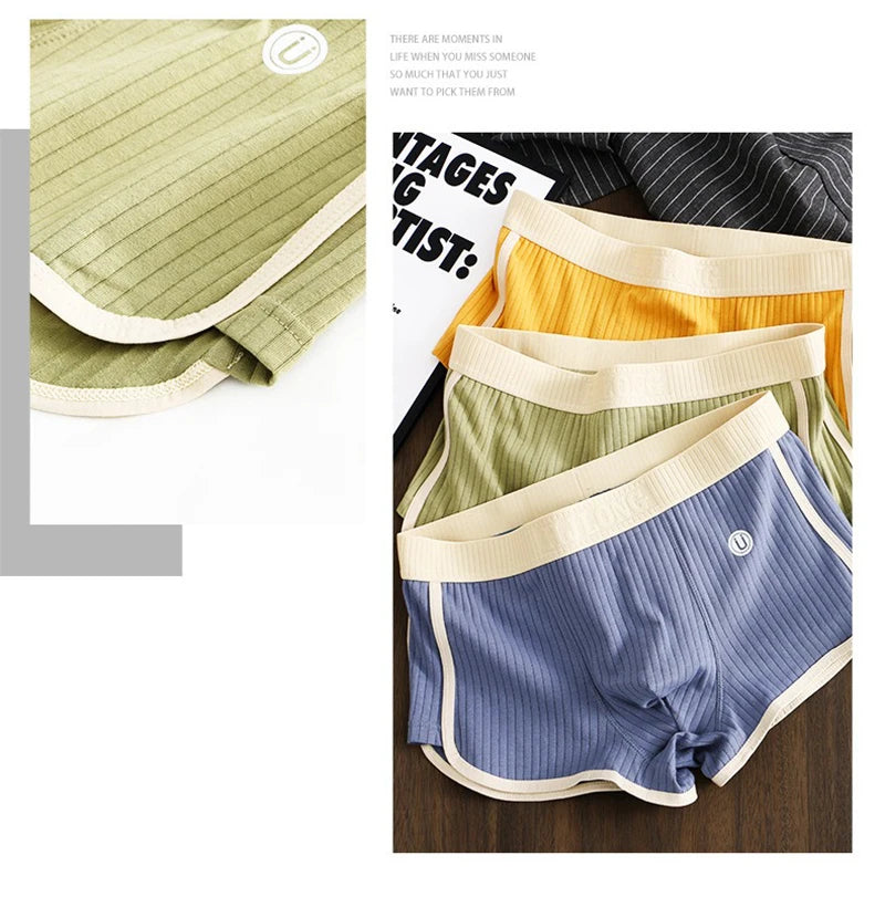 1/3PCS 100% Cotton Solid Striped Men's Boxer Sexy Breathable Mesh U Crotch Underwear High Elastic Widen Waistband Underpants