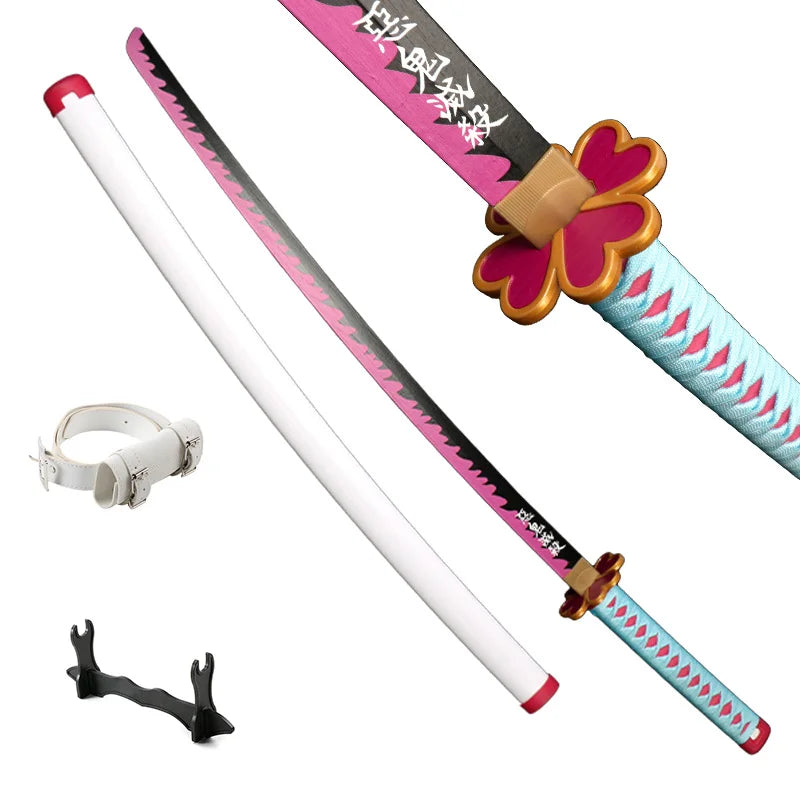 Collection of colorful anime swords with unique designs and a display stand, showcasing samurai katana styles.