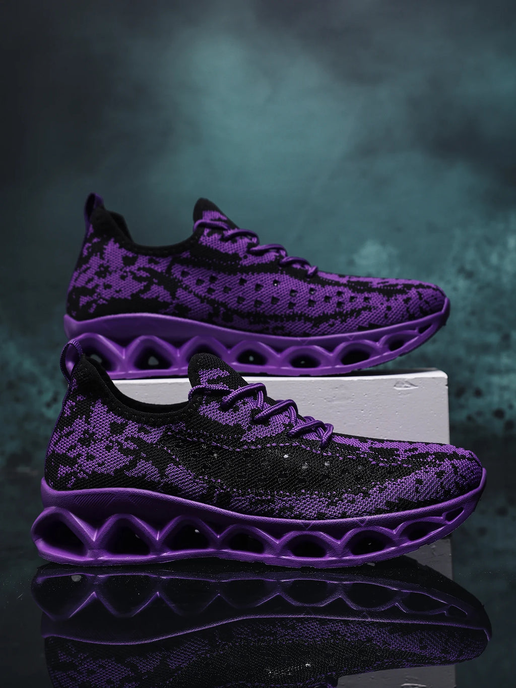 Purple and black patterned orthopedic sneakers for women, featuring a lace-up closure and flat heel design.