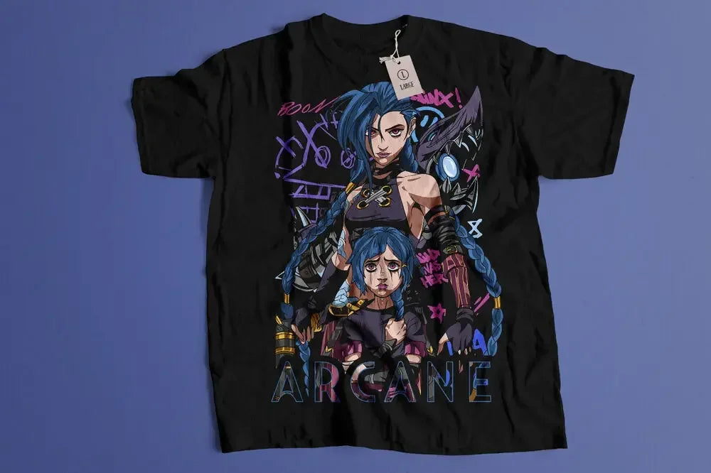 Oversized Jinx Arcane anime T-shirt. Black graphic tee with Japanese cartoon design, perfect for women’s casual streetwear and fan clothing.