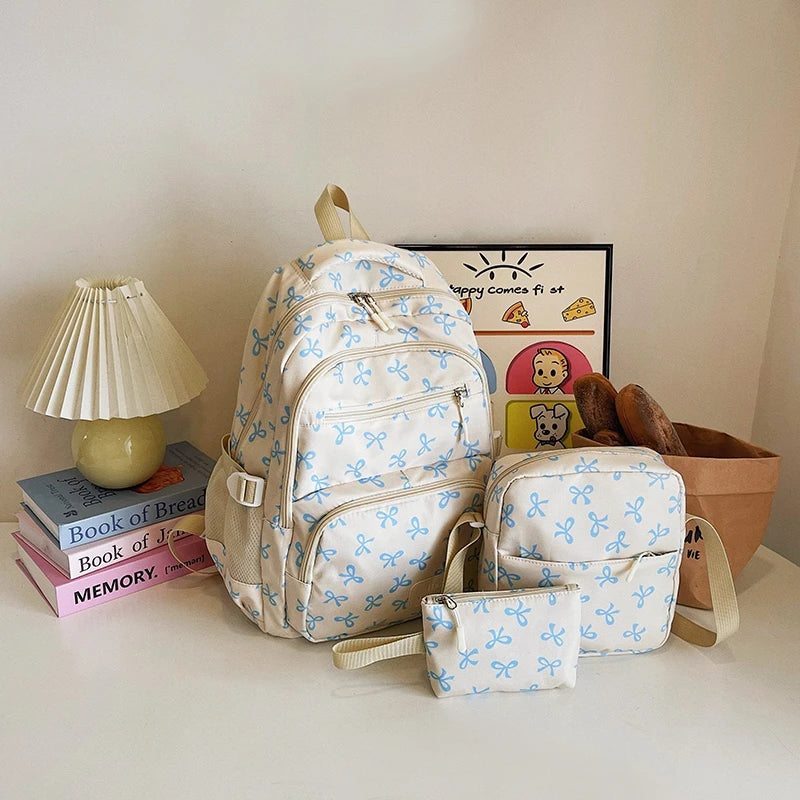 3Pcs/Set Bow Print Backpack with Crossbody Bag and Small Purse Bow Student Bookbag Simple Backpack for Elementary Middle Kids