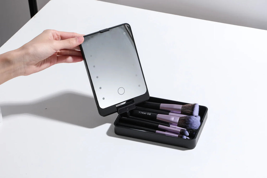 14-Piece Makeup Brush Set with Illuminated Mirror, Portable Short Handle,LED Light,USB Rechargeable Makeup Brushes Kit