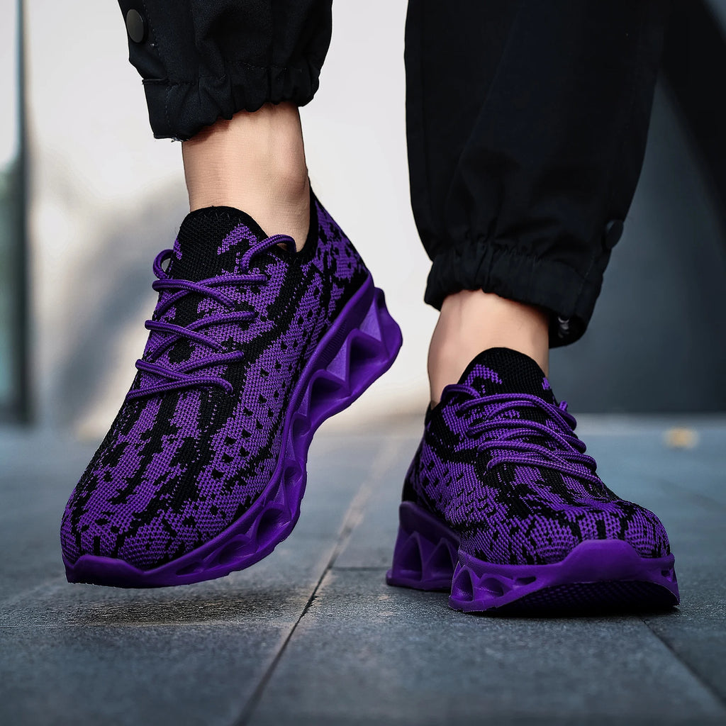 Purple and black patterned orthopedic sneakers for women, featuring a lace-up closure and flat heel design.
