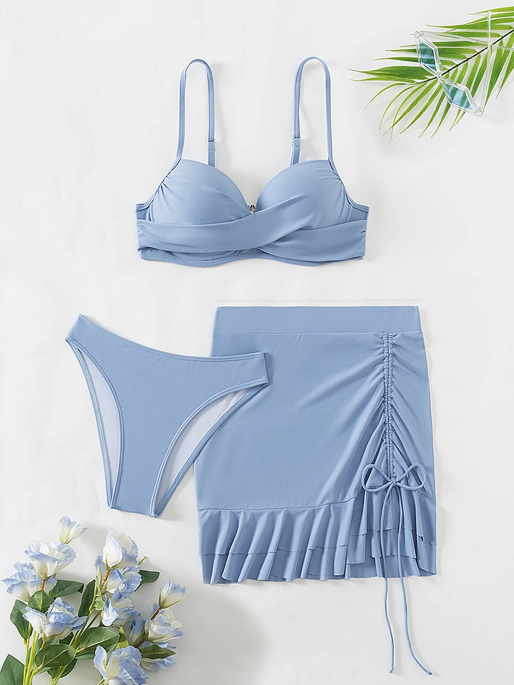 Women's Sky Blue Three Piece Swimsuit Solid Color V-neck Underwire Bikini Set Beach Vacation Suspender Backless Swimwear 2024