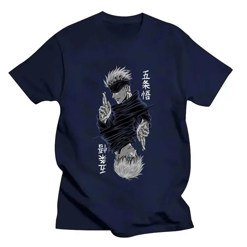 Women’s Jujutsu Kaisen Satoru Gojo T-shirt. Black & white O-neck, short sleeves, anime print, perfect for casual summer streetwear.