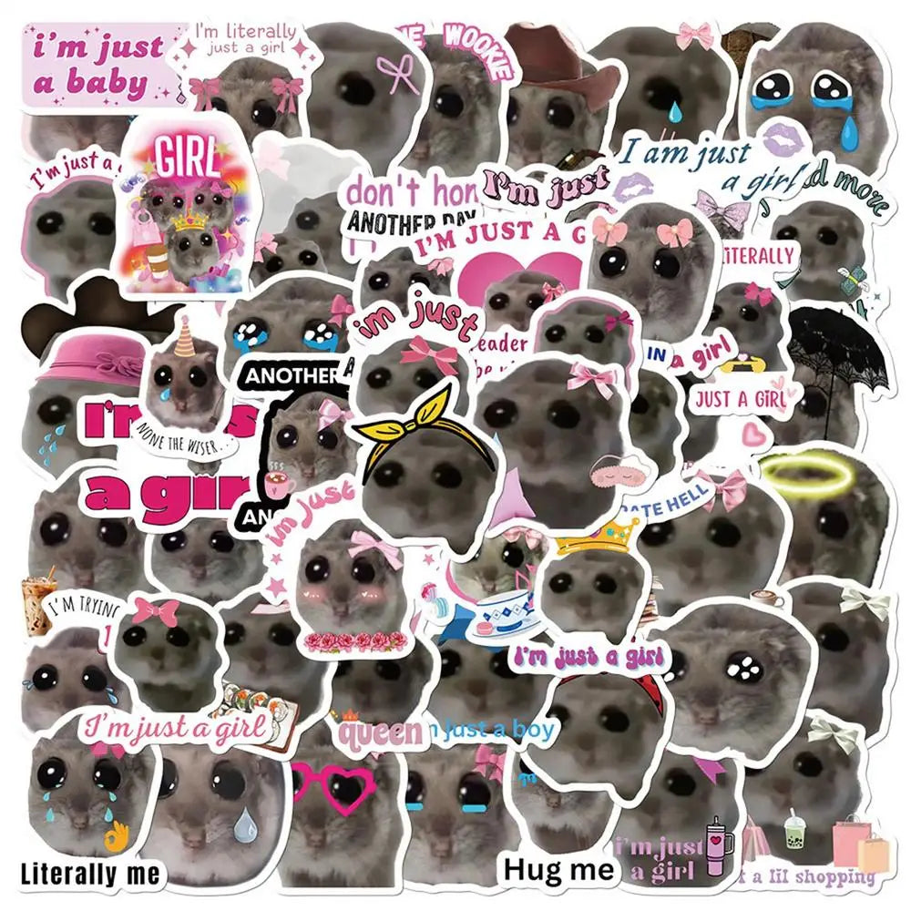 56pcs Sad Hamster Meme Decals Cute Stickers Cute Cartoon Graffiti Decals Cute Sad Hamster Sticker Decals For Laptop Water Cup