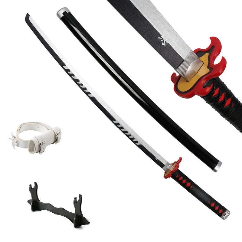 Collection of colorful anime swords with unique designs and a display stand, showcasing samurai katana styles.