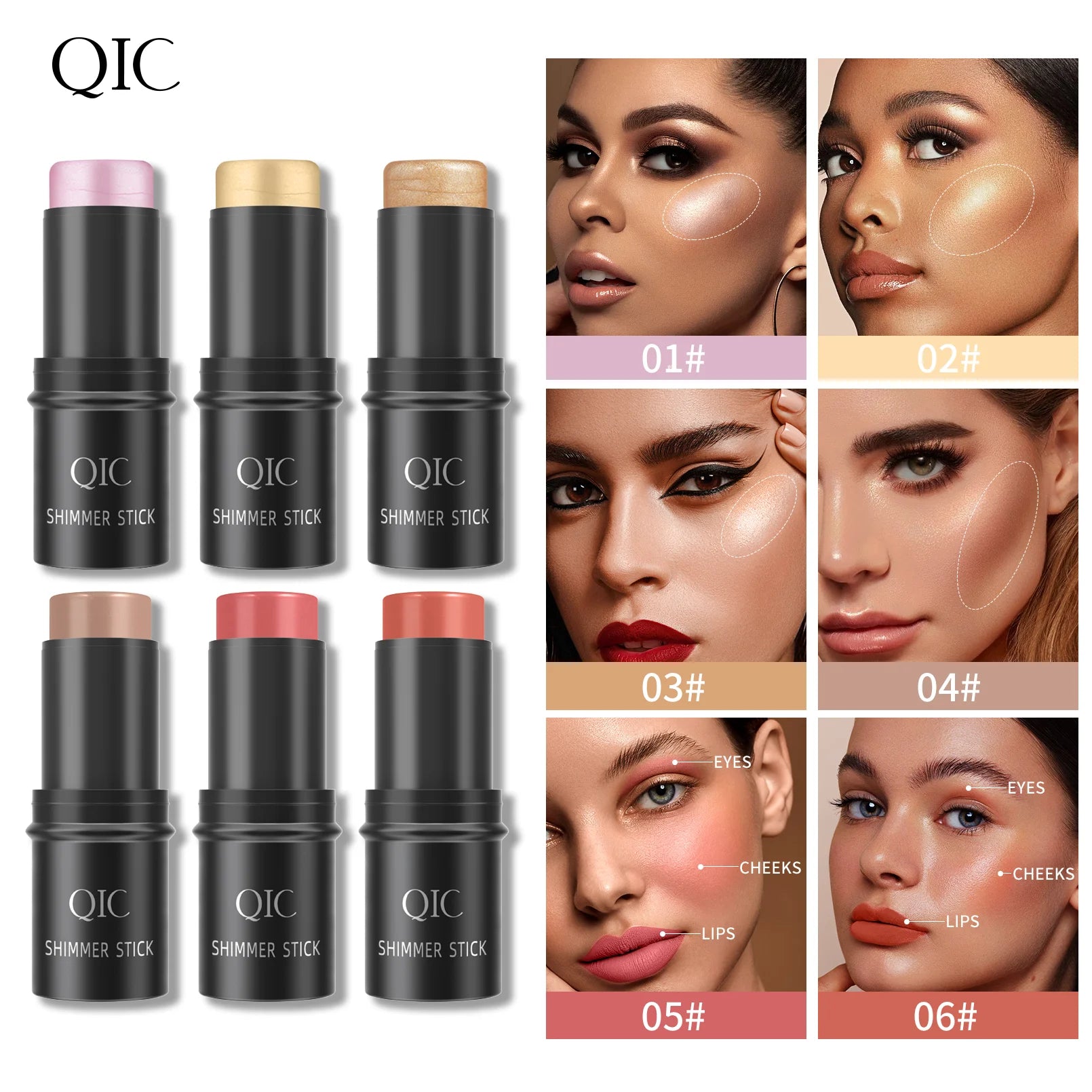 Two QIC shimmer stick highlighters with swatches, perfect for adding glow and radiance to makeup looks.