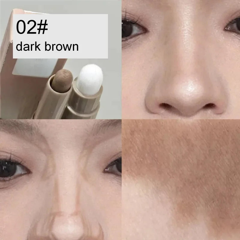Double-ended contouring pen with cream formulation, applied on skin for modified facial contours.