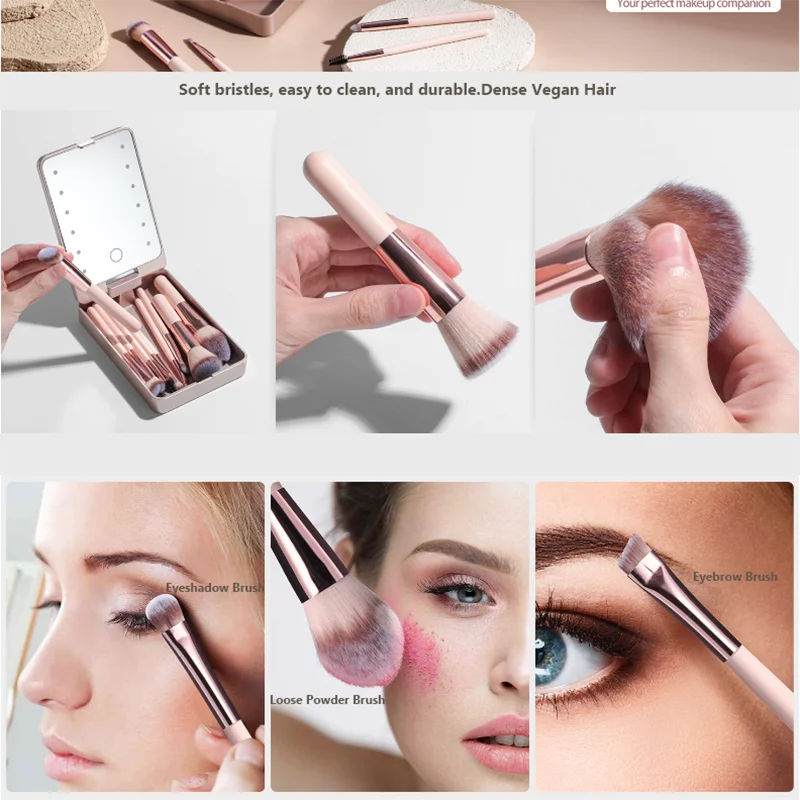 14-Piece Makeup Brush Set with Illuminated Mirror, Portable Short Handle,LED Light,USB Rechargeable Makeup Brushes Kit