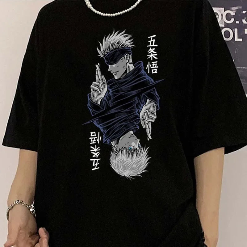 Women’s Jujutsu Kaisen Satoru Gojo T-shirt. Black & white O-neck, short sleeves, anime print, perfect for casual summer streetwear.