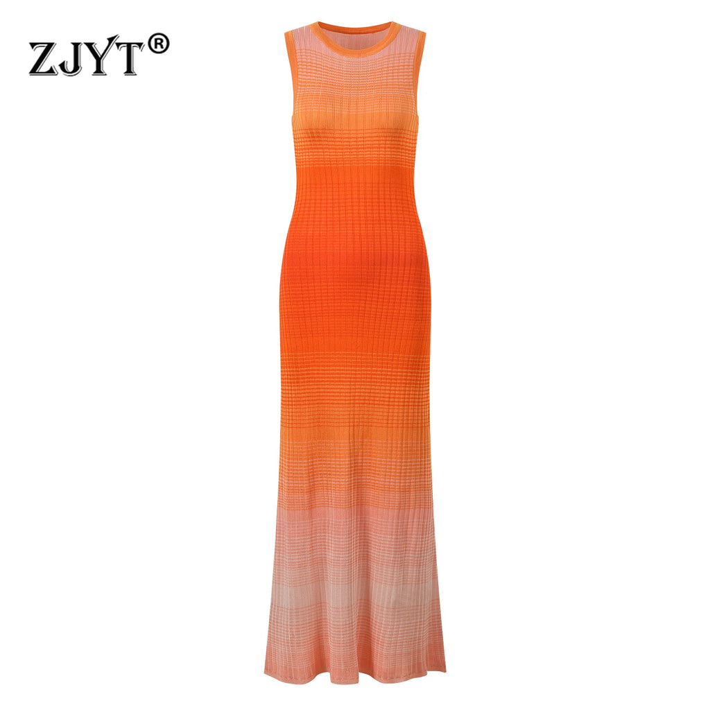 ZJYT New Summer Fashion Gradient Color Long Knitting Dresses for Women Elegant O Neck Sleeveless Vacation Dress Female Vestidos