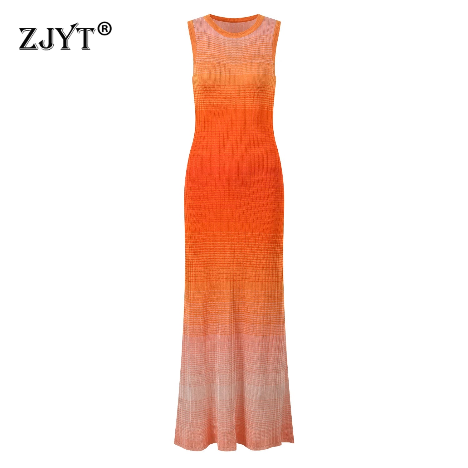 ZJYT New Summer Fashion Gradient Color Long Knitting Dresses for Women Elegant O Neck Sleeveless Vacation Dress Female Vestidos