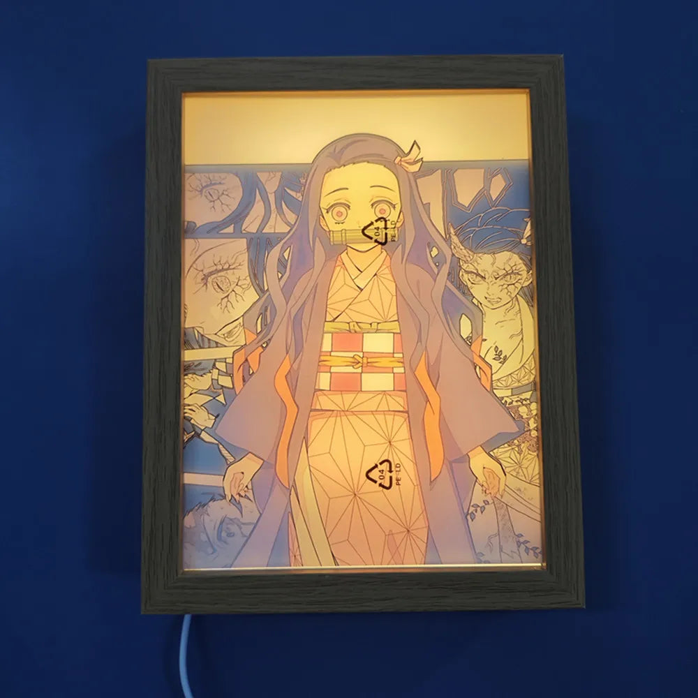 Anime Figure Light Painting Photo Frame Demons Slayer Kimetsu No Yaiba Tanjirou Action Led Lamps Bedroom Decor Chirstmas Gifts