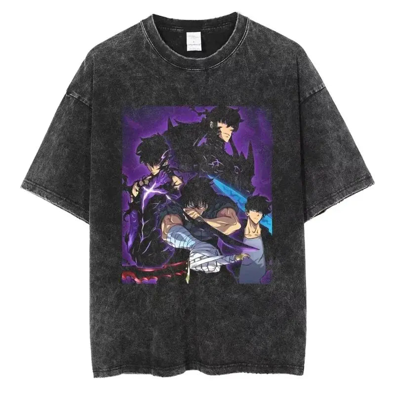 Men's and women's T-shirt plus size Harajuku unisex washed cotton T-shirt Hot Anime Solo Leveling Song Jinyu printed T-shirt