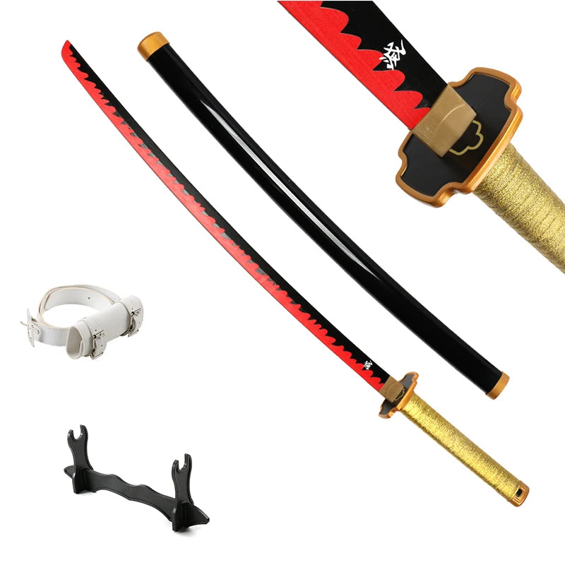 Collection of colorful anime swords with unique designs and a display stand, showcasing samurai katana styles.