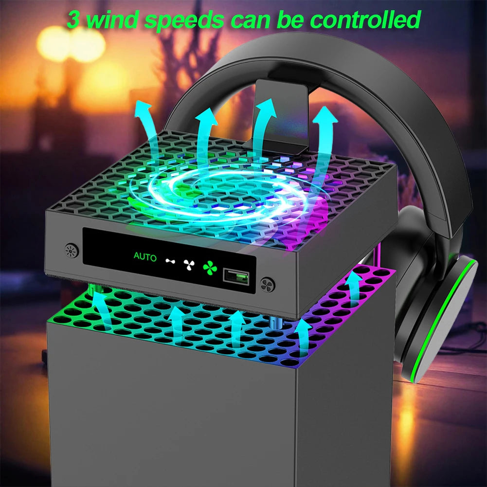 RGB Cooling Fan 3 Level Adjustable Speed Temperature-Controlled Cooling Fan System with Headset Holder for Xbox Series X