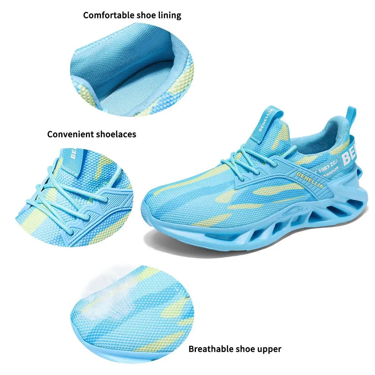 Blue anime-inspired running shoes for men and women with lace-up closure and stylish design.