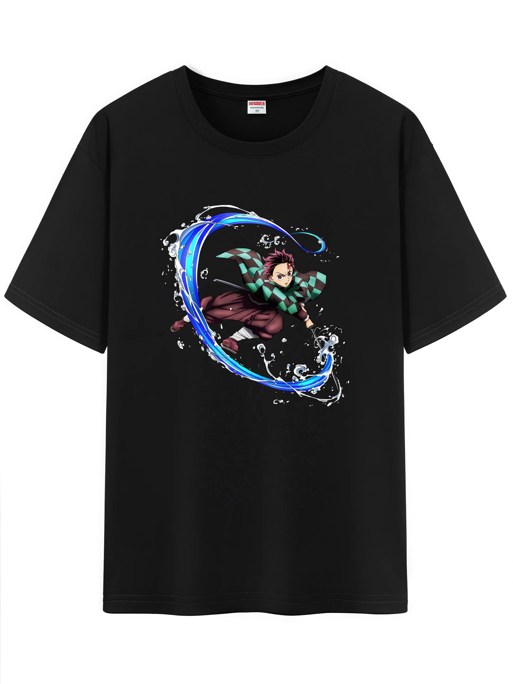 Unisex black t-shirt featuring a dynamic anime character and wave design, perfect for trips and all seasons.