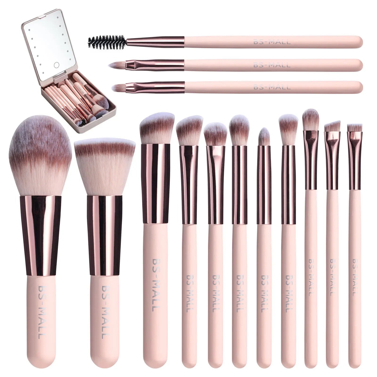 14-Piece Makeup Brush Set with Illuminated Mirror, Portable Short Handle,LED Light,USB Rechargeable Makeup Brushes Kit